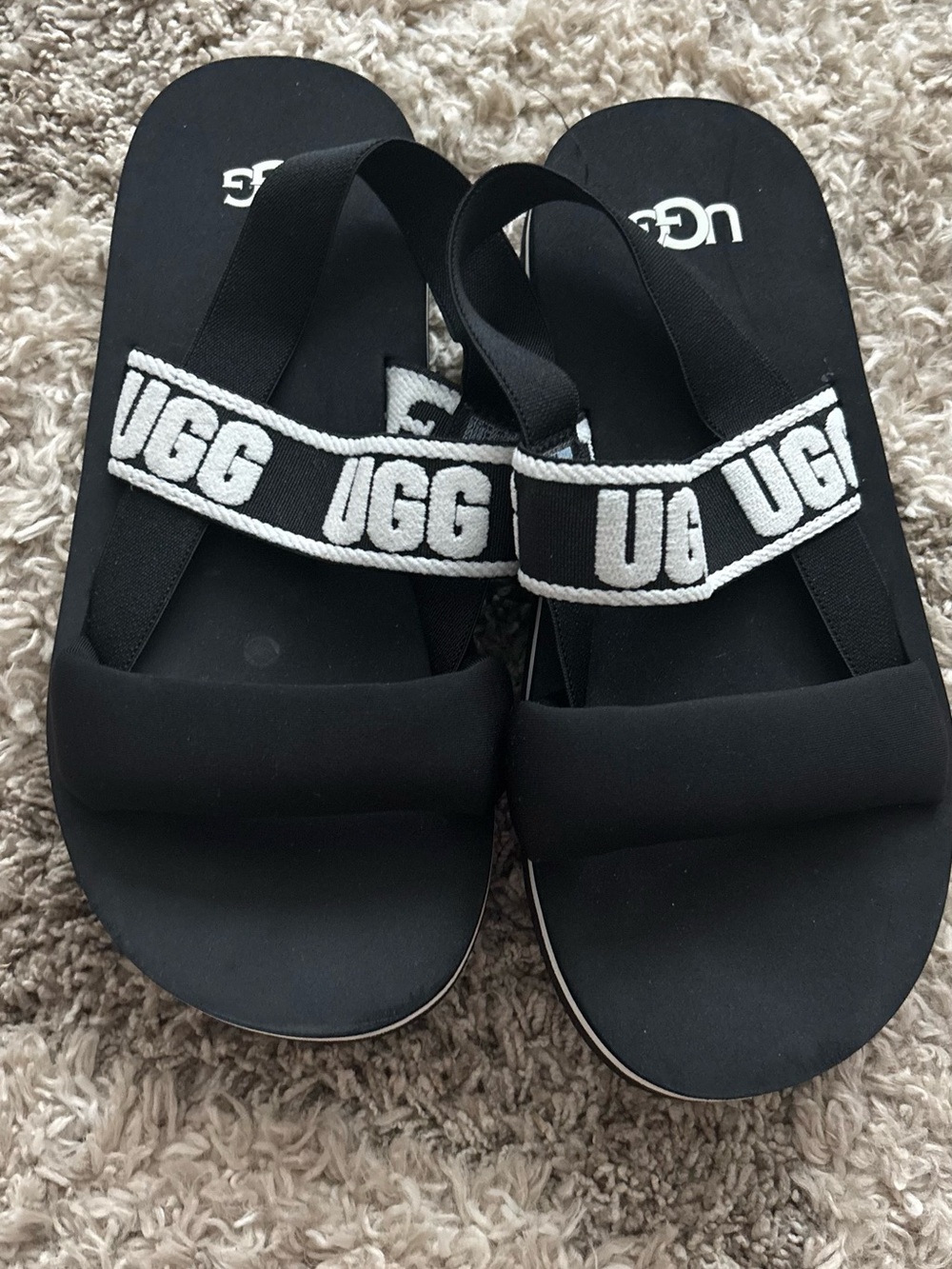 UGG Black and White Logo Strap Slide Sandals